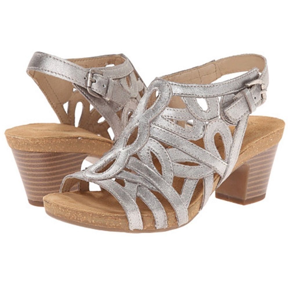 Josef Seibel Ruth Silver Metallic Leather Slingback Sandals Sz 40/US 9-9.5